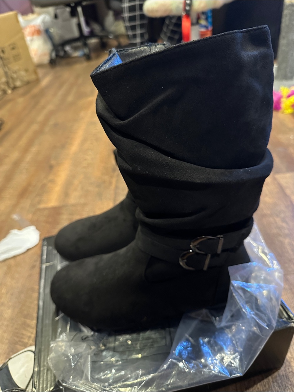 Black Women's Slouchy Mid-Calf Boots with Buckle Accent